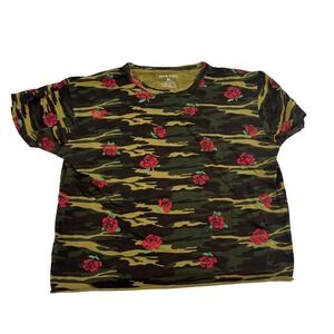 On Fire Womens Camo Rose Print T-Shirt XL Green Brown Floral Raw Hem Cotton Tee